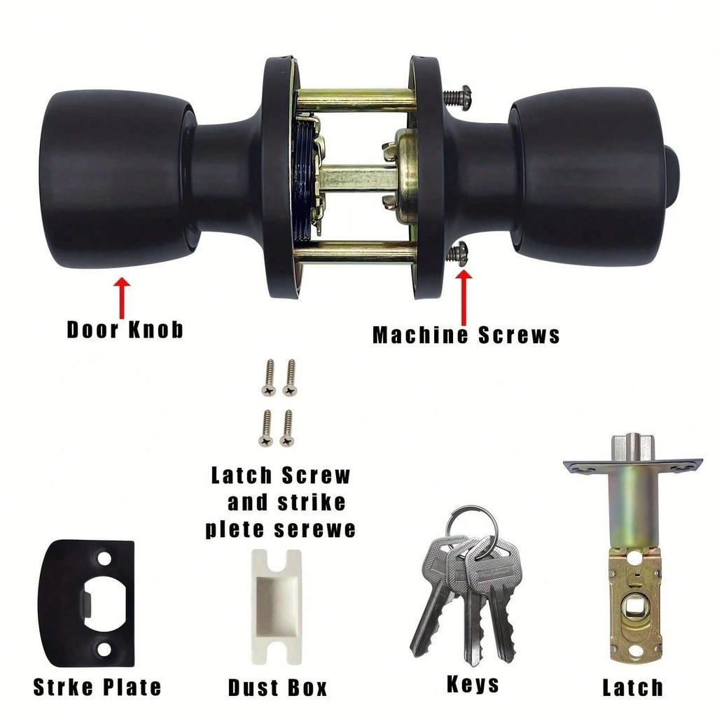 1 Set Matte Black Round Ball Door Knob with Lock and Key - Secure Interior/Exterior Door Hardware for Bedroom, Bathroom, Entry D