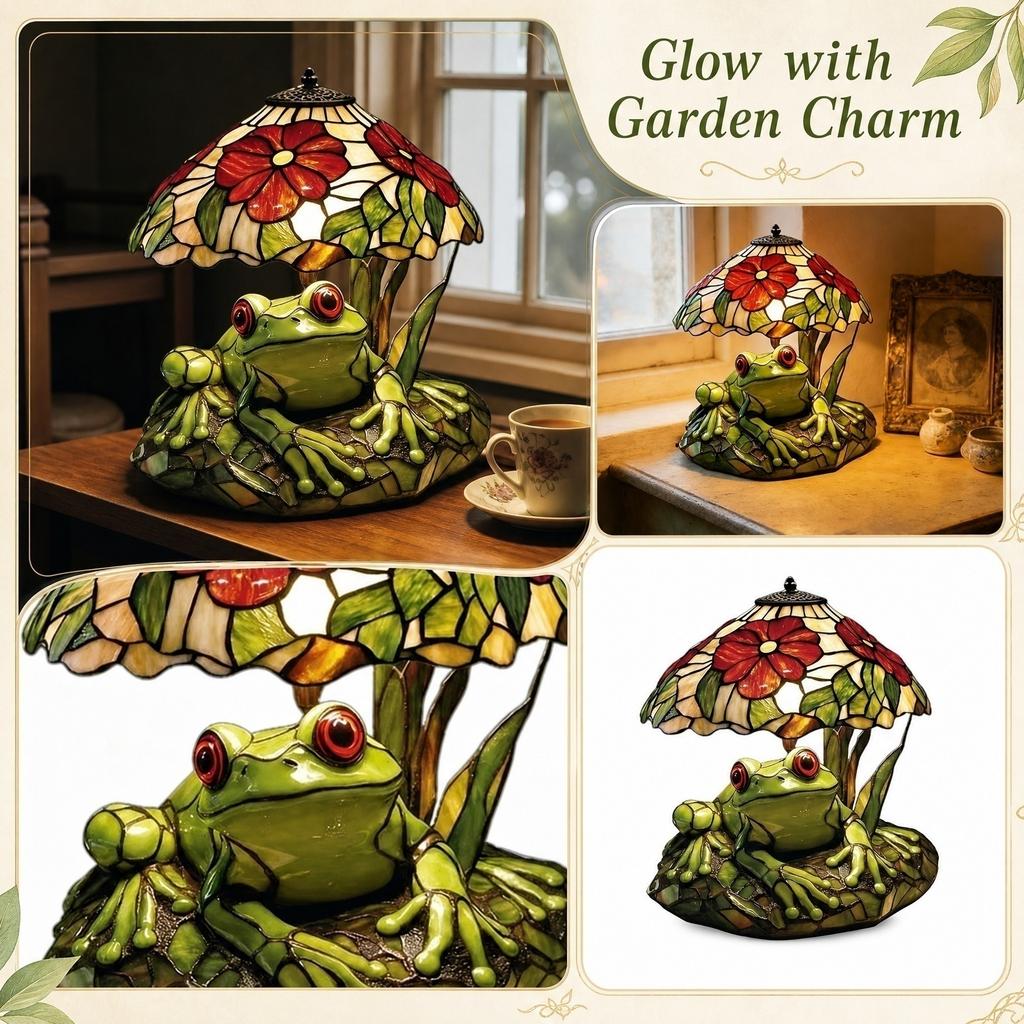 Resin Frog Figurine LED Table Lamp Stained Glass Style Shade Home Decoration Light Accent Piece for Living Room Bedroom Desk Use