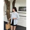 Womens Blue White Striped Bow Embroidered Long Sleeve Button Down Shirt