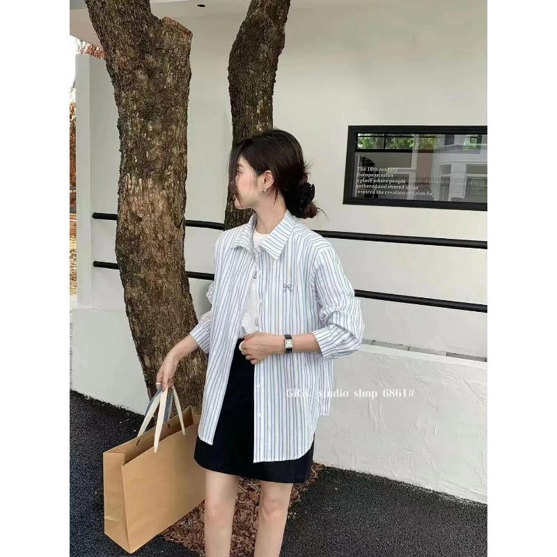Womens Blue White Striped Bow Embroidered Long Sleeve Button Down Shirt
