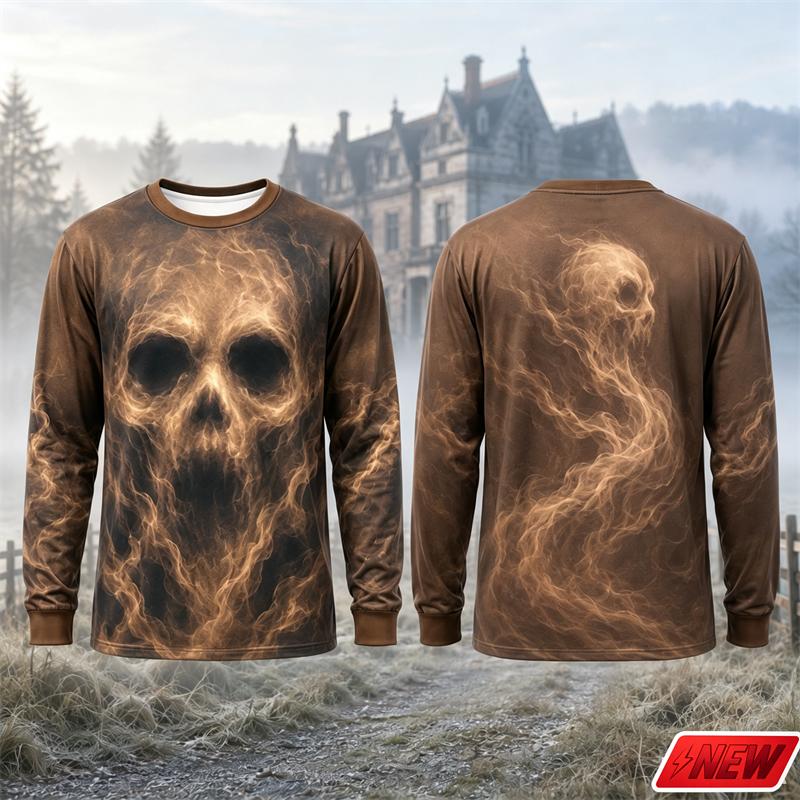 Novelty Long Sleeve T‑Shirt Men Gothic Flame Smoke Skull 3D Print Tee Fire Skeleton Graphic Casual Halloween Party Street Top