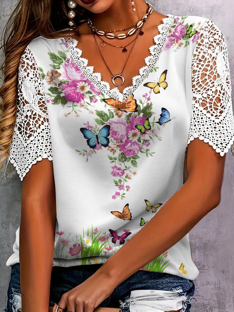 Elegantes kurzärmeliges Oberteil mit Spitzenpatchwork und Blumendruck