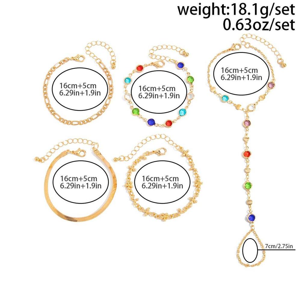 SHIXIN Set 5 Pezzi Elegante Bracciale Colorato con Zirconi per Donna 2026 Moda Raffinato Anello da Dito Collegamento Bracciale Gioielli da Festa Regalo