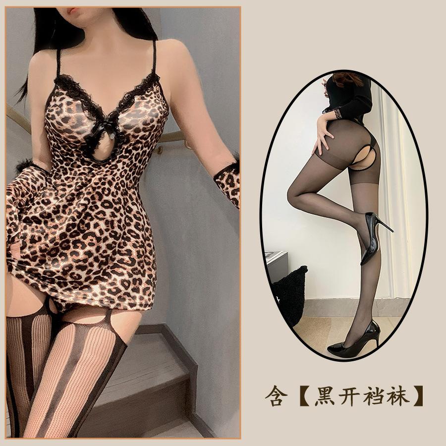Sexuální spodní prádlo Sexy Čistá touha Leopardí potisk Boková sukně Podvazkový pás Malá prsa Velký výstřih Pyžamová sukně Hra rolí