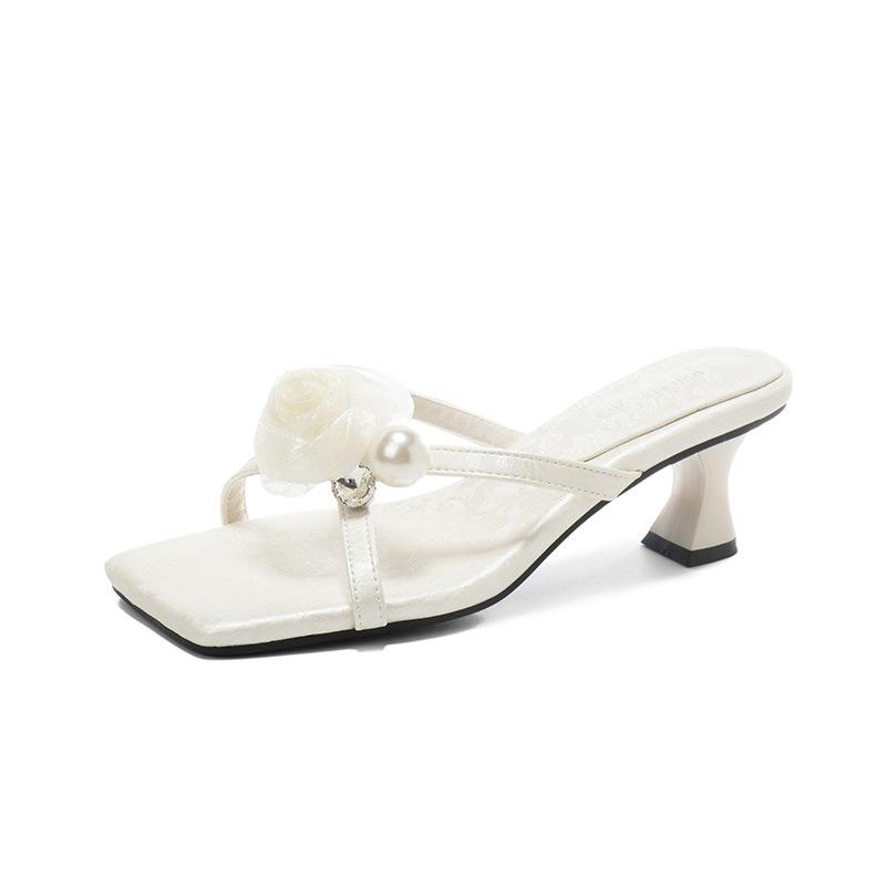 Mode smal rem blomma högklackade sommarskor kvinna tryck tofflor konstig klack blommig flip-flops kvinnor tofflor storlek 42