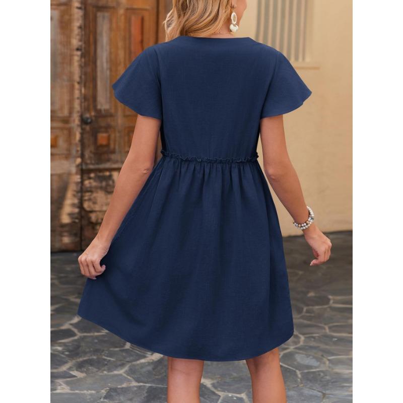 Vestidos casuales de cintura media con cuello en V y manga corta con estampado de Color sólido a la moda para mujer