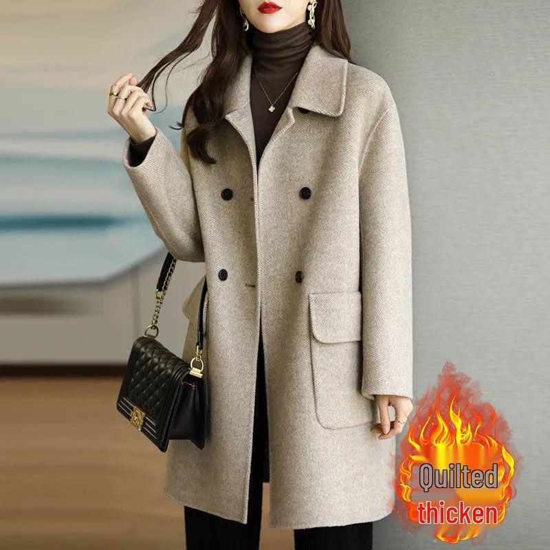 Women's Woolen Lapel Coat - 2025 Autumn/Winter Korean Style, Thickened, Slimming Mid-Length Overcoat