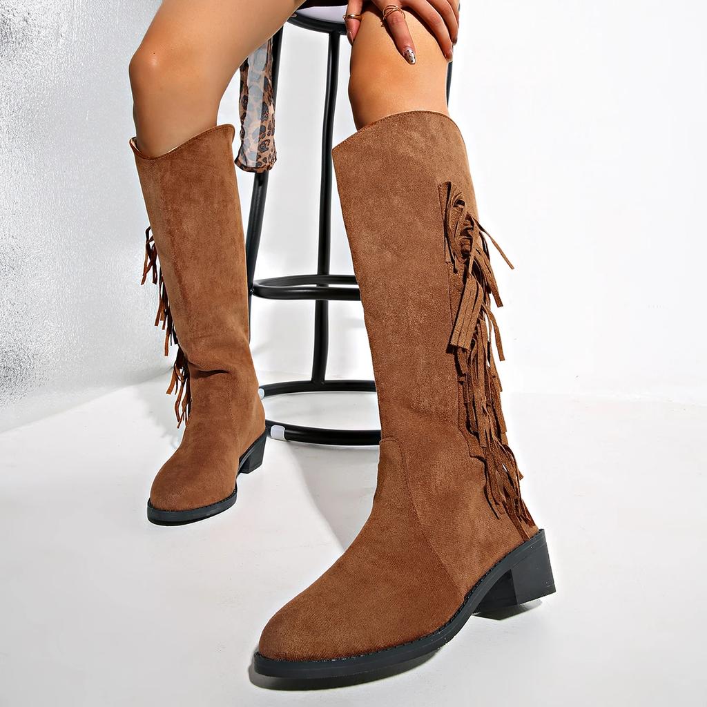 Fashion Brown Womens Knee-High Modern Boots Round Head Tassel Slip-On Western Cowboy Knight Botas Ladies Shoes