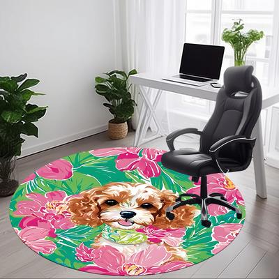 1 Stück Floral Dog Office Runder Teppich, Rutschfest, Weich und Langlebig, Büroteppich für Innendekoration, Perfekt für das Büro, Schöne Dekoration yy260323012