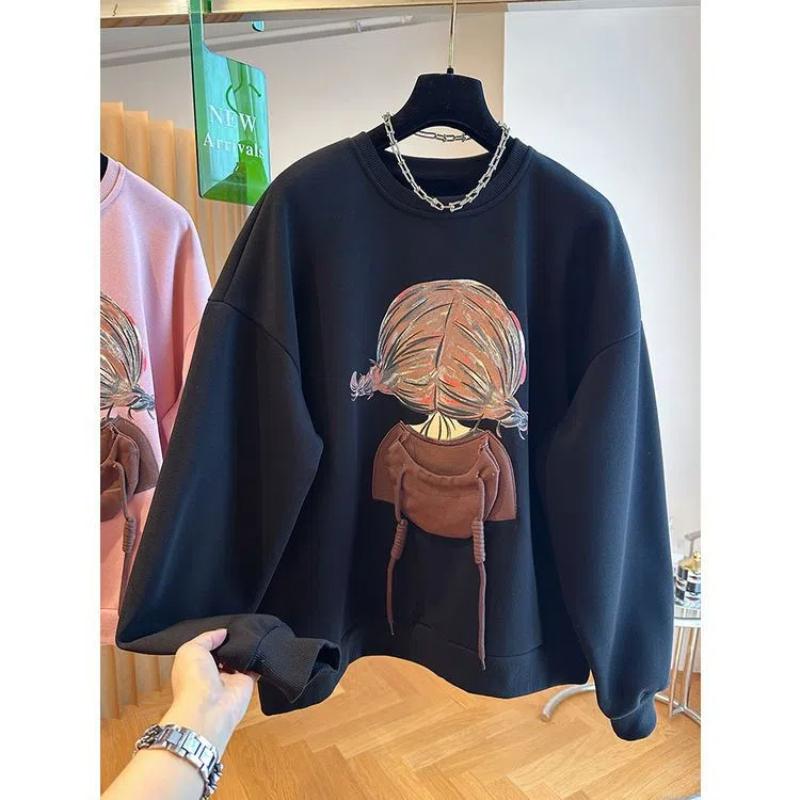 Korean Printed Fleece Hoodie for Women Loose and Niche Pullover Top