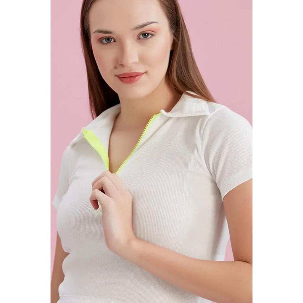 Polo Collar Neon Zipper Camisole Blouse