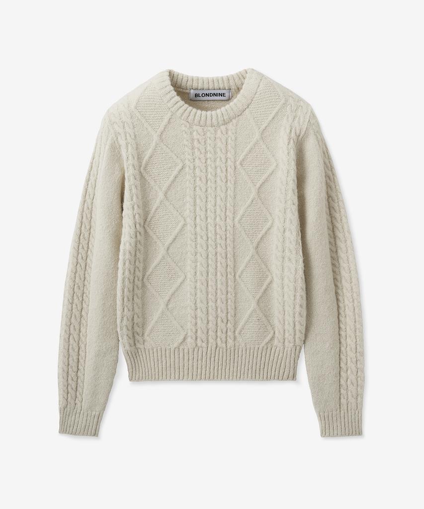 BLOND9 Fisherman Cable Wool Knit Sweater_Cream