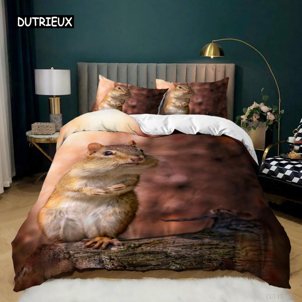Sada povlaku na přikrývku Veverka Roztomilá veverka Větve Povlak na přikrývku pro děti Chlapci Dívka Mikrovlákno Zvířecí téma King Size Ložní souprava