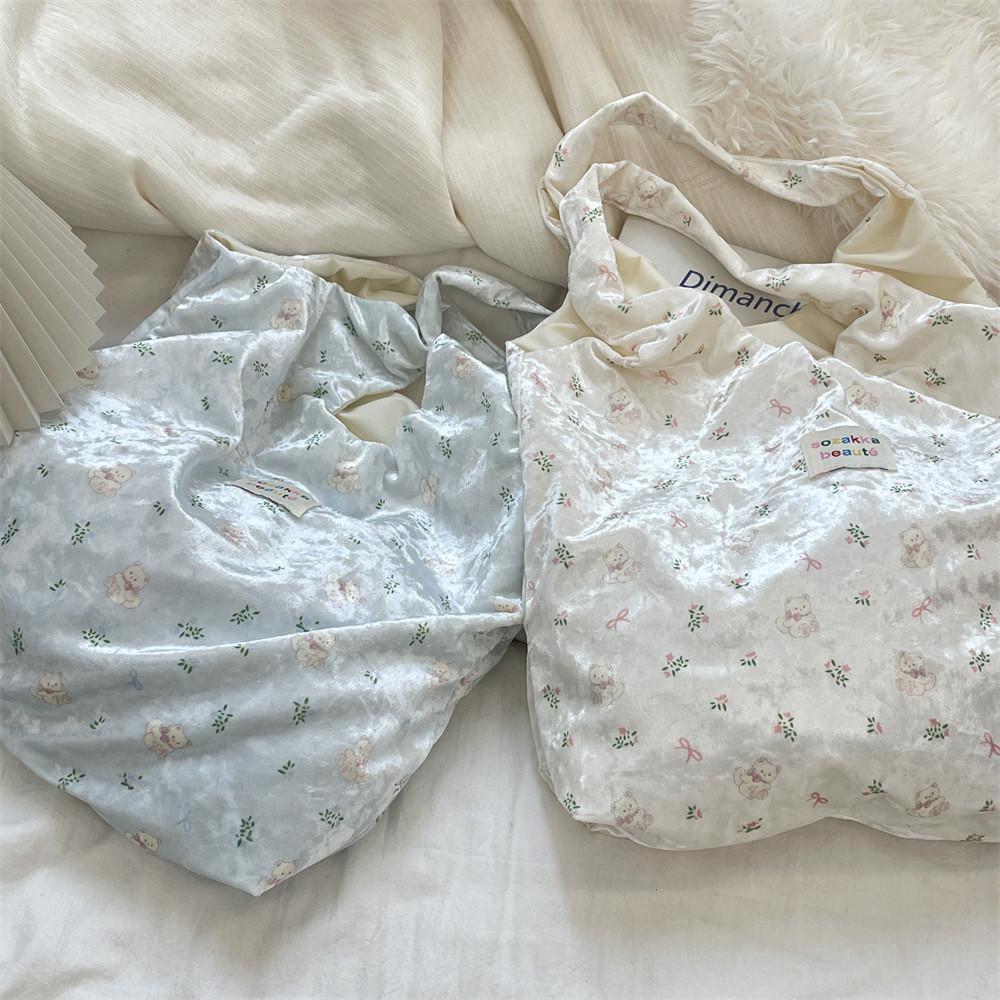 Fashionable Finish Pearl Bear Motif Silk Shoulder Bag With Spacious Design For Daily Outings