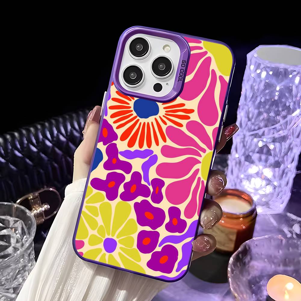 Flower Painting Art Phone Case For iPhone 16 15 14 13 12 11 Pro Max White Purple Matte Laser Metallic Aurora Funda