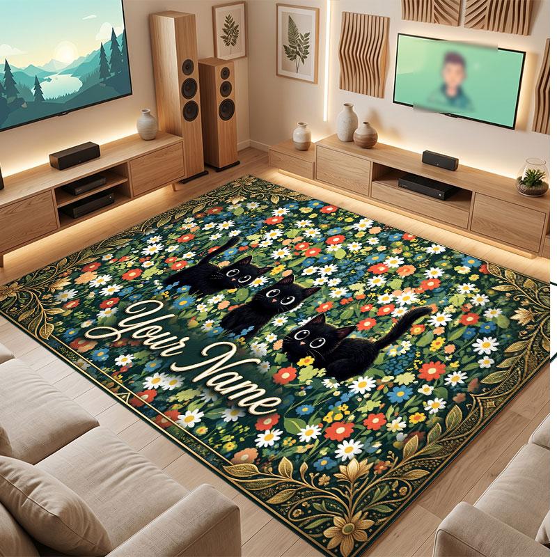 Cat Theme Crystal Velvet Floor Rug Personalized Custom Name Text Warm Carpet Home Decoration