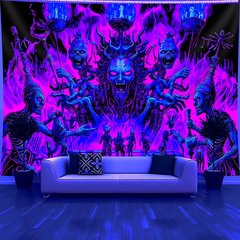 VIKAMA Halloween Dark Night Demon Lord Tapestry Horned Demon Purple-Blue Skull Dark Room Theme Gothic Style Living Room Decor