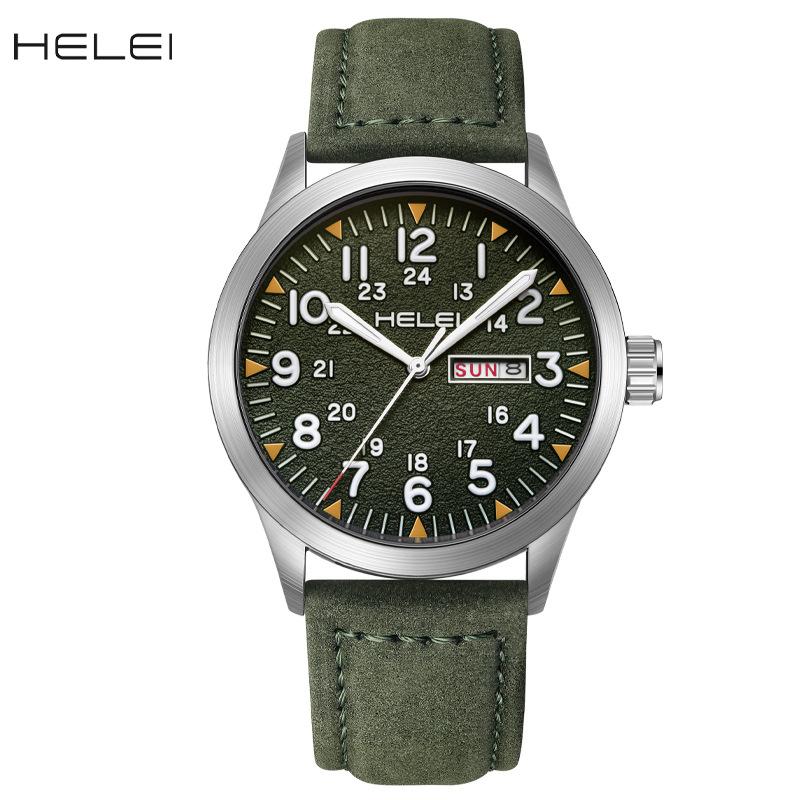 New HELEI Herey Men's Watch Leather Waterproof Luminous Watch Quartz Watch Calendar Week Display
