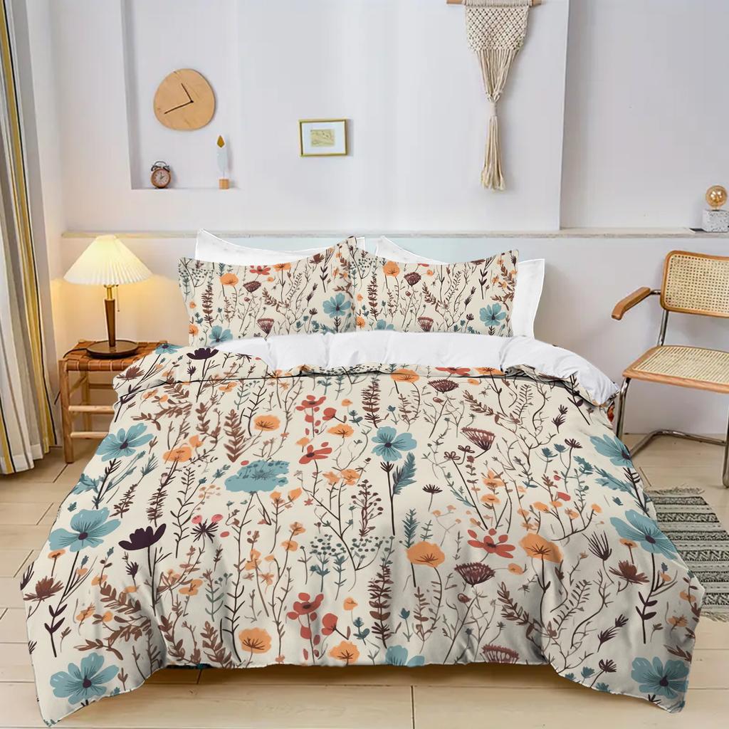 Flower and flower pattern 3D printed bedding set, colorful style down duvet cover set, soft and comfortable home luxury duvet co