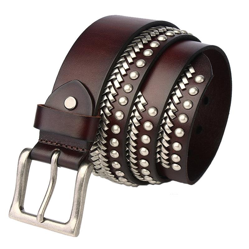 

100% Top Grain Genuine Cowhide Leather Belt Luxury Brand Pin Buckle Belt for Men Fashion Rivet Jeans Belts 3.8cm Width 125cm кавовий