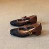 French color matching retro square head woven hollow Mary Jane shoes women's light mouth square head thick heel word with light mouth single shoes