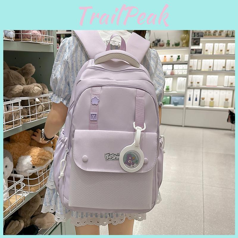 Simple Solid Color Letter Print Student Backpack With Pendant For Daily Use