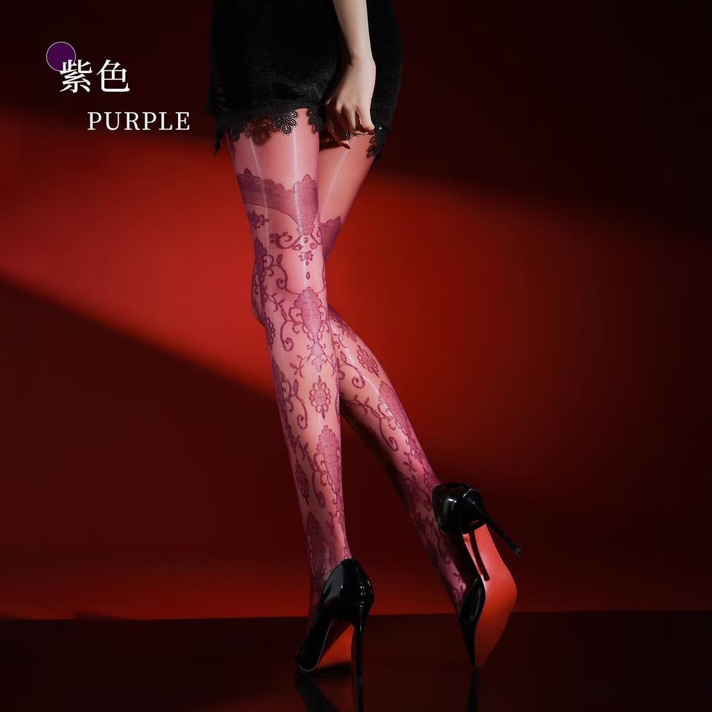 Zhixin Baroque Aurora Floral Jacquard Black Stockings Sexy Shiny Silky Ultra-Thin T Crotch cutout opening