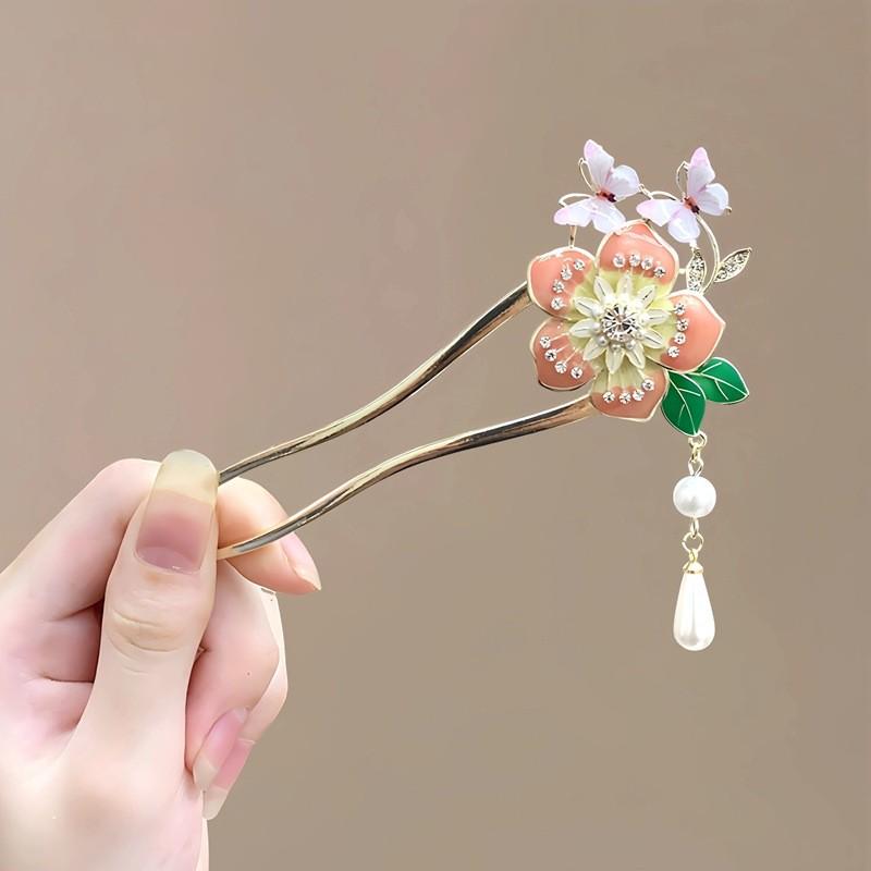 Grampo de Cabelo Borboleta Flor Estilo Antigo com Borla de Pérola para Cheongsam Hanfu