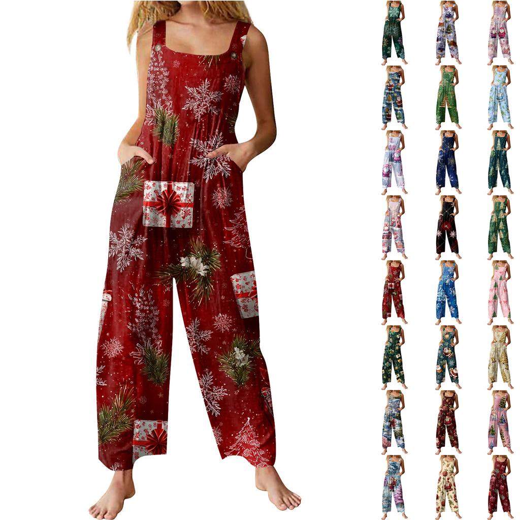 Womens Casual Overalls Jumpsuits Adjustable Straps Sleeveless Print Comfy Rompers With Pocket