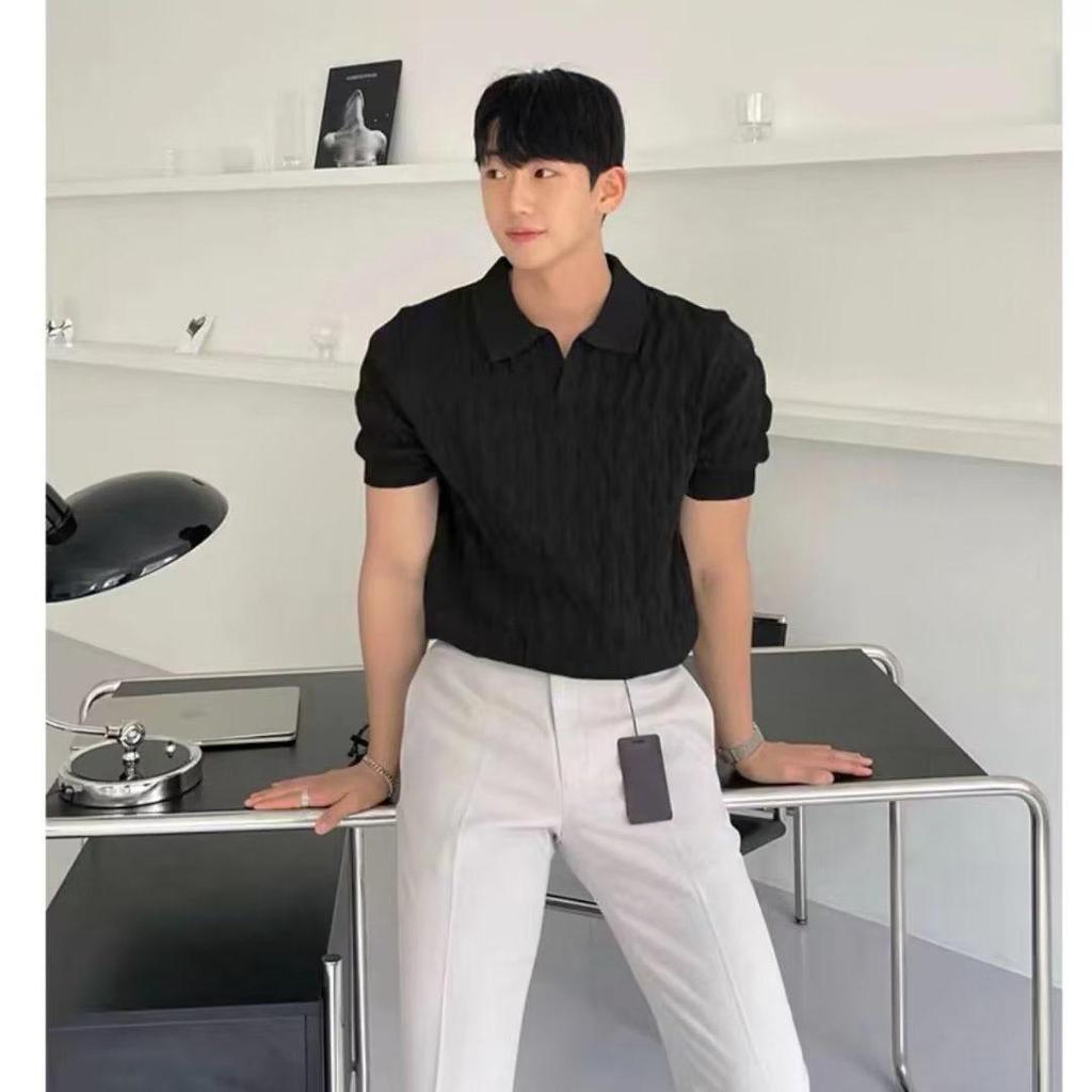 Men's Summer Korean Style Slim Fit Knitted Polo Shirt - Short-Sleeve, Solid Color, Ice Silk, Turn-Down Collar