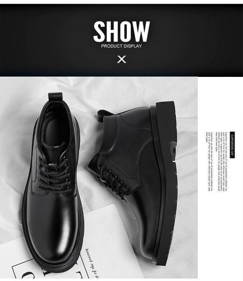 Martin Men's 2024 Black Leather Boots: Plus Velvet, Thickened, Height-Enhancing, Casual, Warm Work Boots for Autumn/Winter