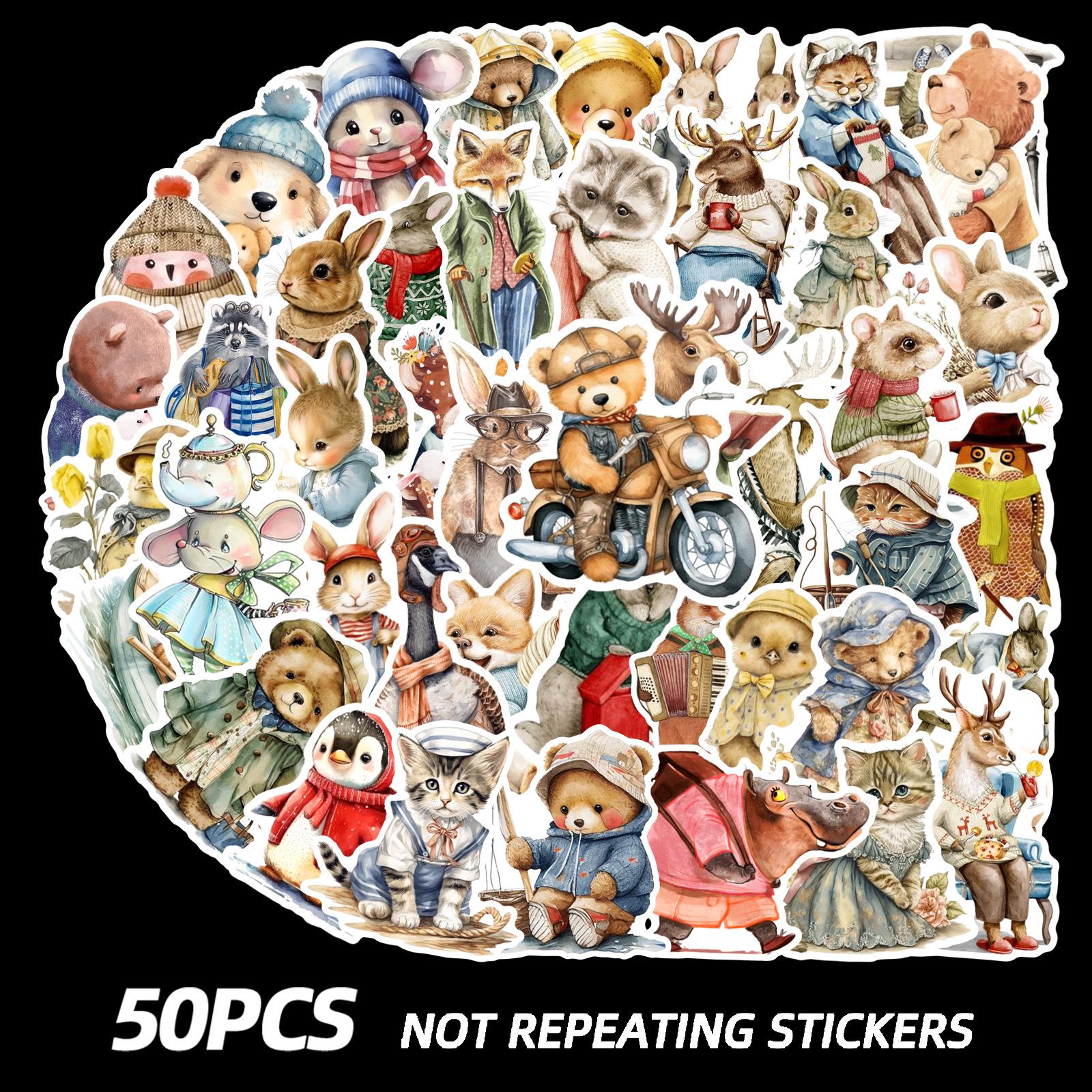 50-Pack Retro Cute Animal Stickers - Waterproof Decorations for Phone Cases, Guitars, Tablets, and Laptops 50 Unique Pieces
