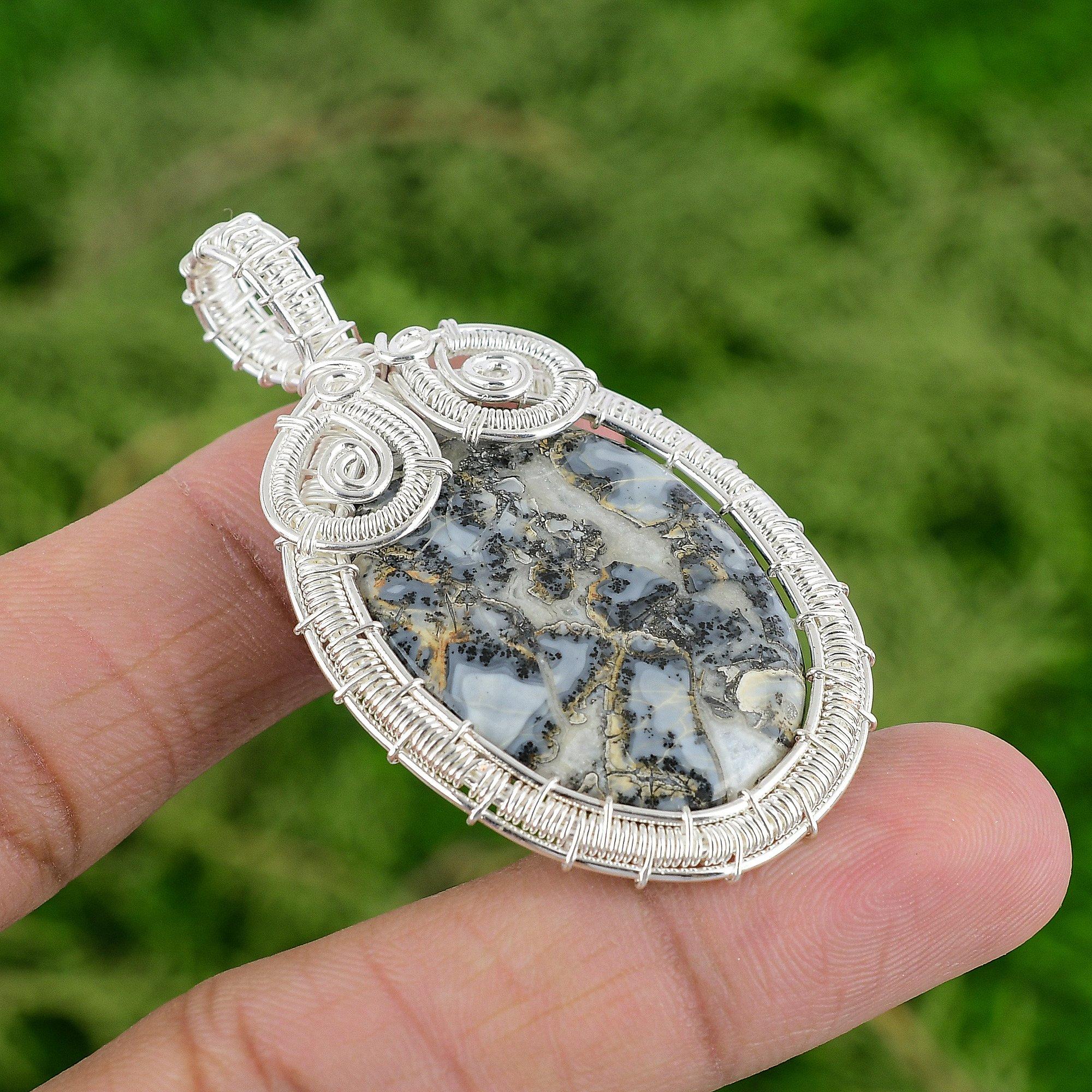 

925 Sterling Silver Oval Natural Maligano Jasper Wire Wrapped Pendant Jewelry
