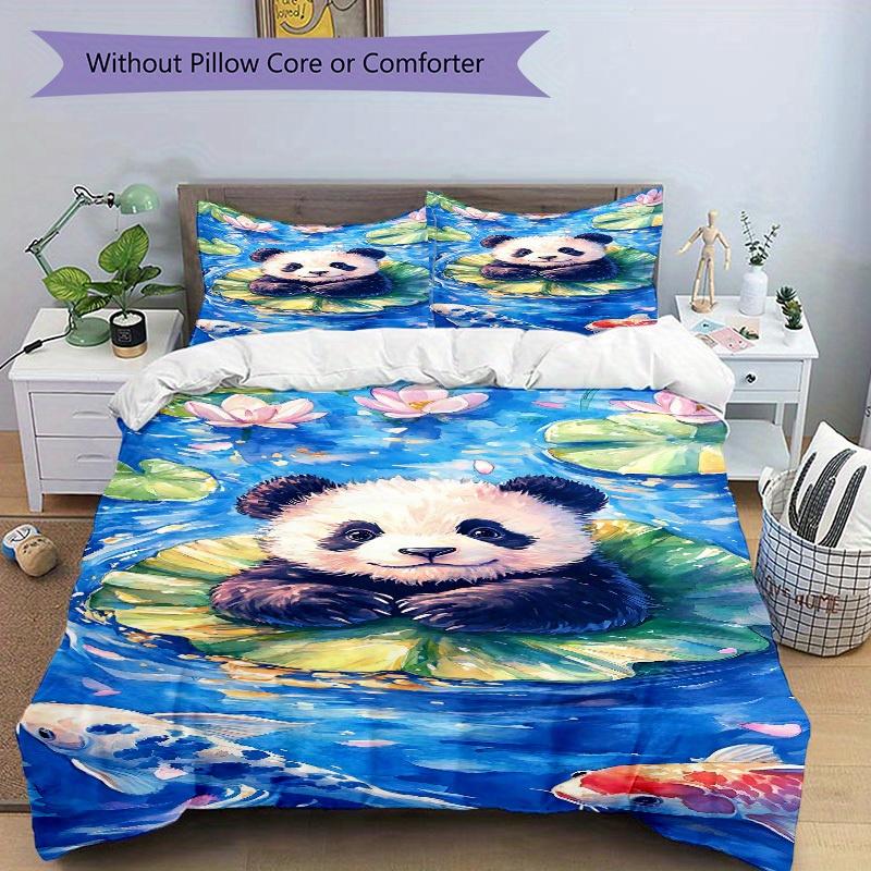 3pcs Panda Lotus Bedding Cover Set, Fashion Classic Popular Print Bedding Set, Soft Comfortable, All - Season Use, For Bedroom, Guest Room182