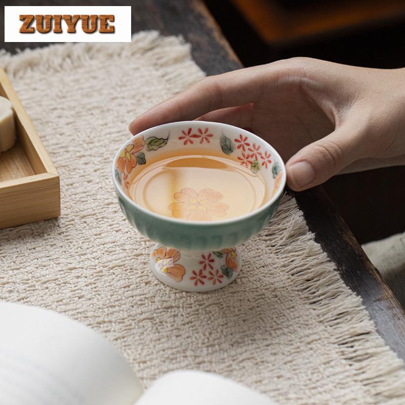 80ml Hand-painted Flowers High Foot Teacup Creative Tea Bowl Tea Cup Set Tea-tasting Meditation Cup Chazhan Master Cups Tea Set