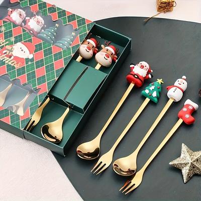 2/4/6-teiliges Weihnachtsgabel- und Löffelset aus Edelstahl, kreatives Geschirr für Kaffee, Tee, Dessert, Gabeln und Löffel, Geschenkset