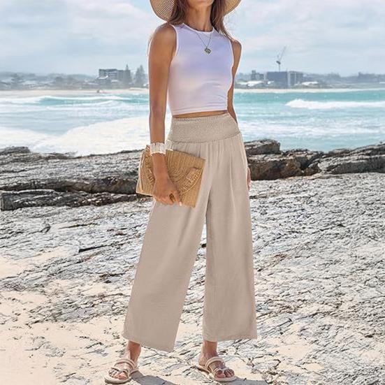 Casual Pants Anti-Wrinkle Elastic Waistband Long Pants with Pockets Pure Color Loose Fit Wide