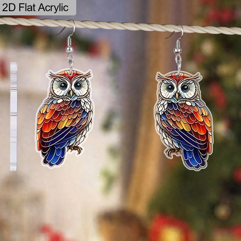2D Flat 1Pair Christmas Festival Cartoon Colorful Owl Pattern Earring Claus for Christmas Jewelry for Women Female