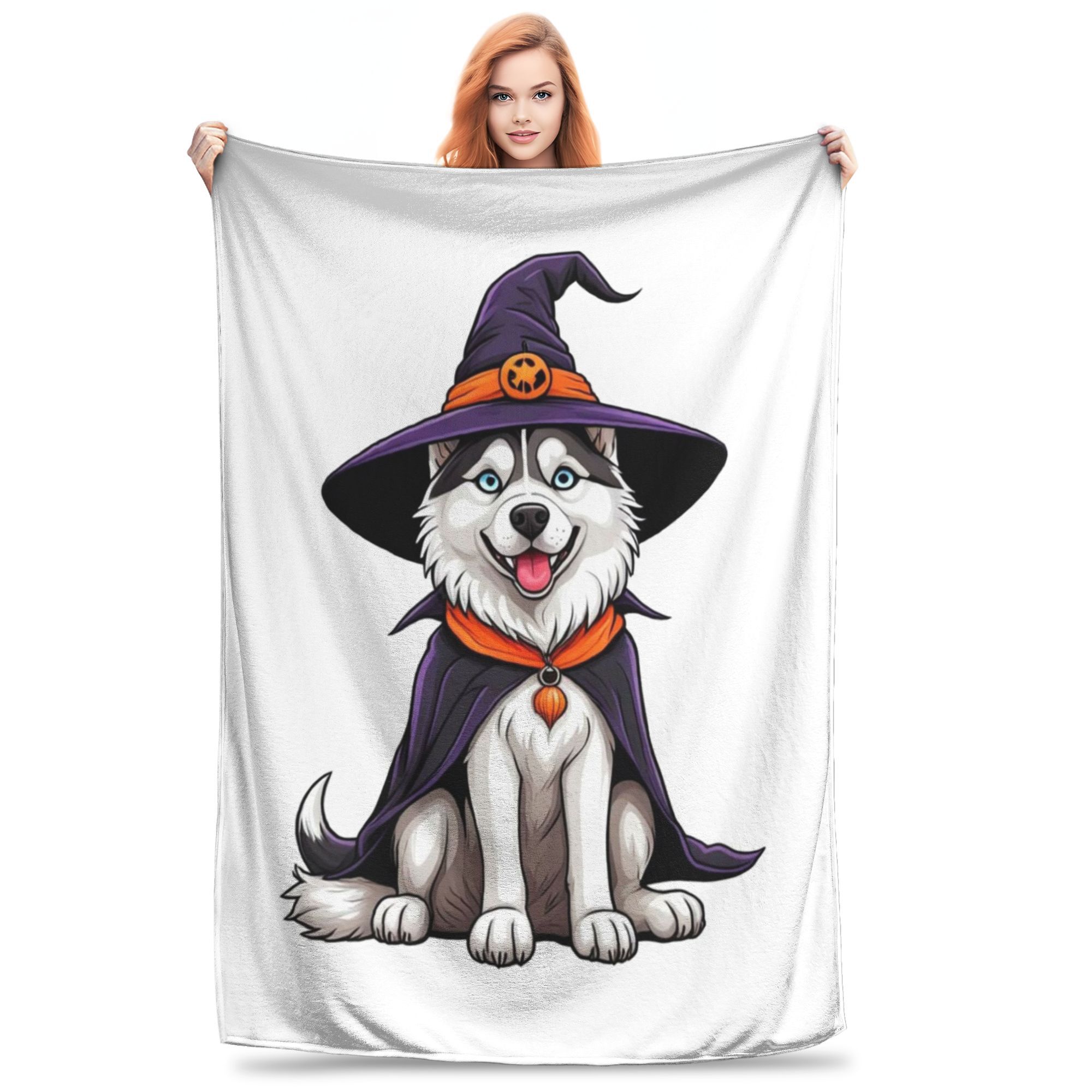 Siberian Husky Halloween Witch Decor Dog Lover Gift Blanket Super Soft Flannel Sofa Throw Blanket for Couch Bedding Travel Quilt Size: 75*100cm, Weight: 230 GSM