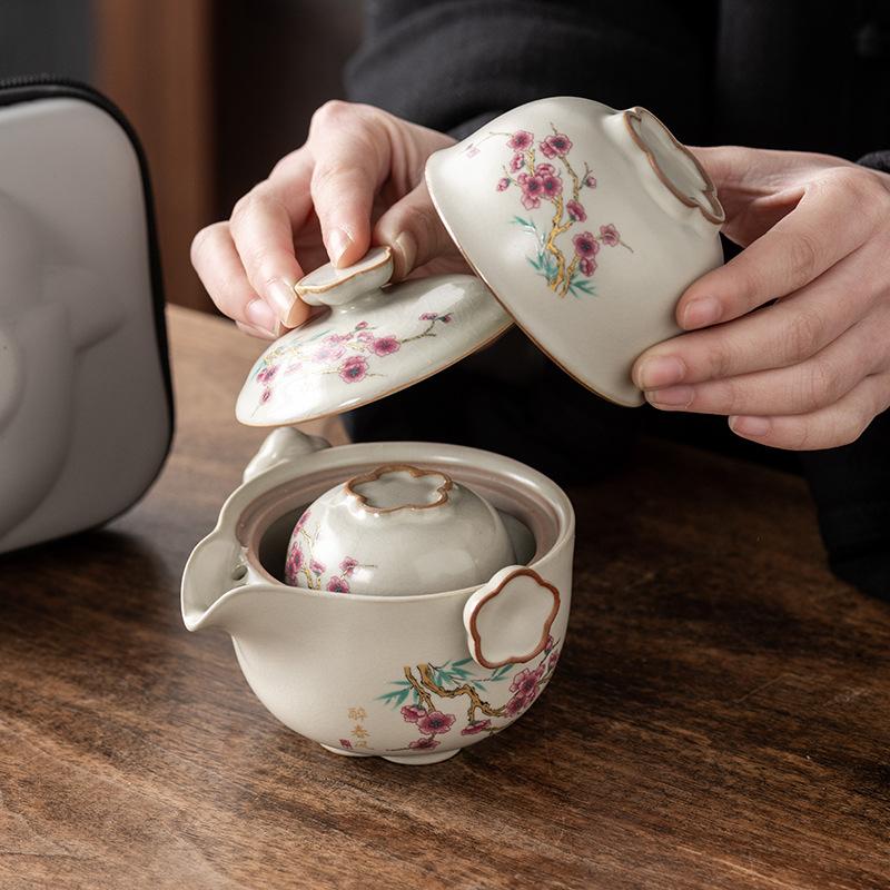 Ru kiln high-end open-piece travel tea set, one pot, three cups, outdoor portable light luxury company business commemorative gift