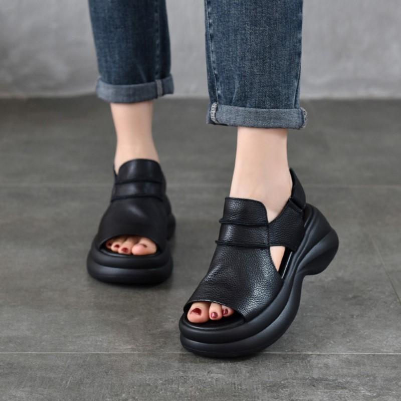 Johnature Sandálias Leves de Sola Grossa com Peep Toe Versátil Casual Couro Genuíno Sola Macia Sapatos Femininos