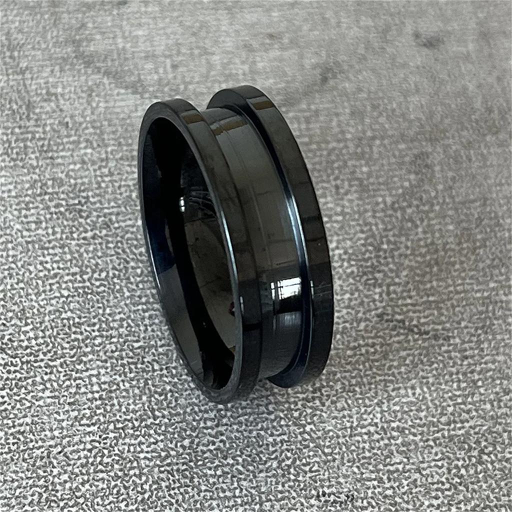 Cool Men's 8mm Black Titanium Wedding Band Rings Double Minimalist Black Groove Beveled Edge Stainless Steel Engagement Ring Men