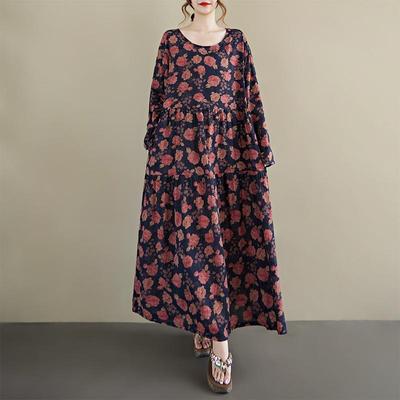 Langärmeliges Baumwoll-Vintage-Blumen-Übergrößen-Neuankömmling-Kleid für Damen, lässiges lockeres Frühlings-Herbst-Kleid
