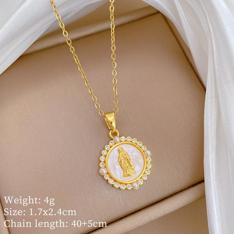 

Stainless Steel Chain Necklace Imitation Pearl Zircon Virgin Mary Shell Round Pendant Necklace for Women Men Amulet Jewelry Gift