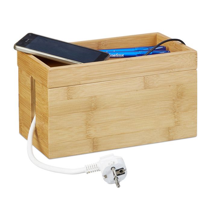 Relaxdays boîte à câbles bambou, multiple, compact, universel, pratique, organisation câbles hxlxp 14x 25,5x14 cm nature