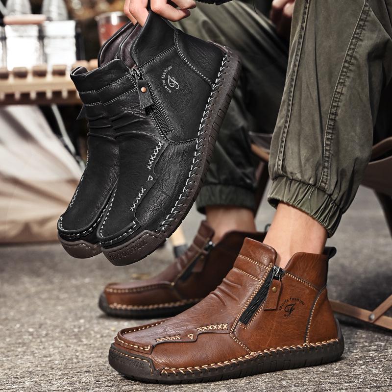 Herren Herbst/Winter Britischer Stil Warme Leder Martin Stiefel - Übergröße High-Top Kurze Stiefel mit Samtfutter