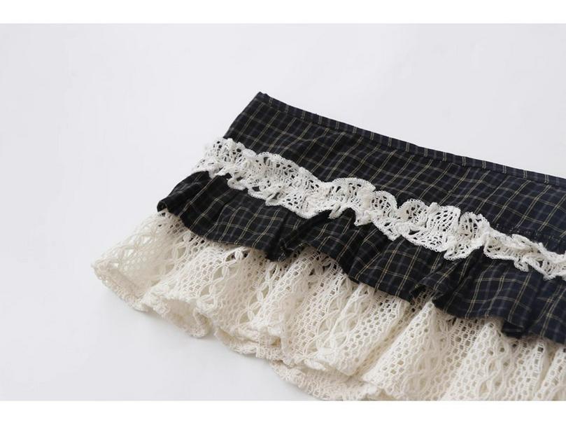 Authentic American Retro Plaid Ruffle Lace-Up Layered Skirt for Women
