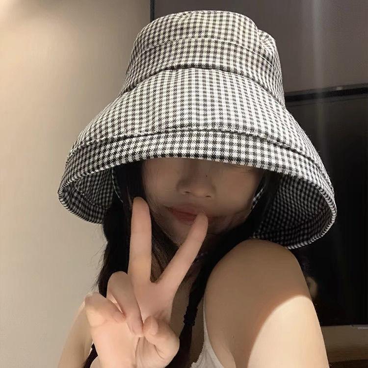 Summer Women's Sunshade Hat Sun Face Covering Fashion Thousand Bird Plaid Sunscreen Fisherman Hat