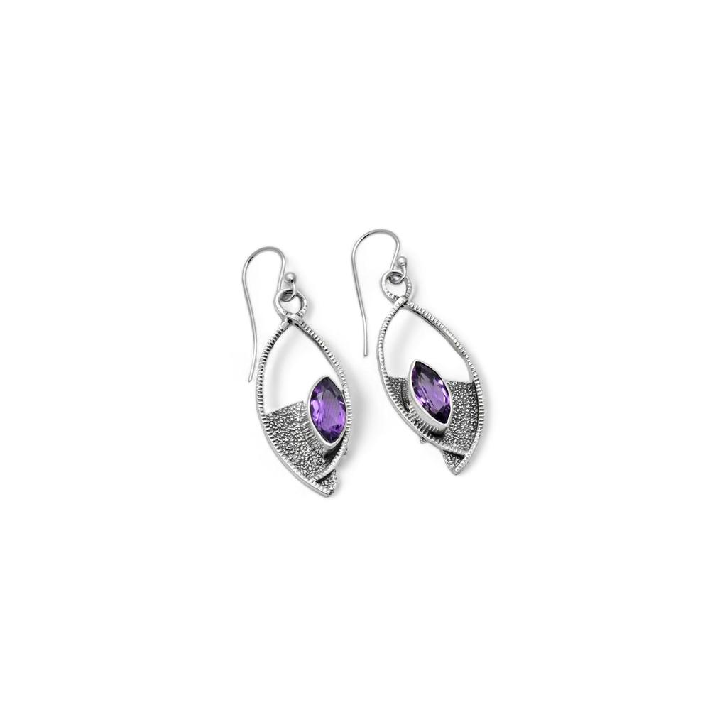 Natural Amethyst Dangle Earrings In Textured 925 Sterling Silver – Handmade Boho Chic Drop Earrings, Dainty Earrings for Women & Girls by ZIVORI