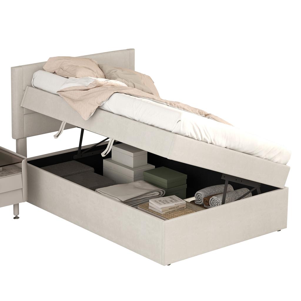Upholstered Bed, 90 X 200, Single Bed with Slatted Frame Made of Metal Frame, Large Storage Space, Without Mattress, Beige, 200x90cm.